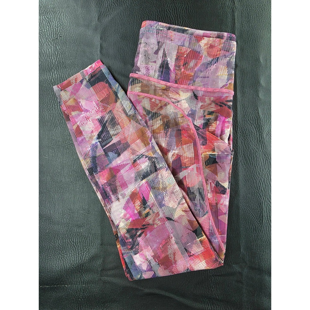 Lululemon Womens Pink Purple Abstract High Rise Leggings Side Pockets Size 8